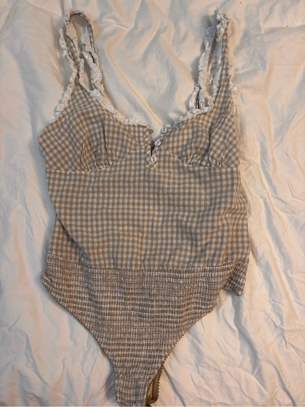 Free People Beige Gingham Lace-Trim Bodysuit